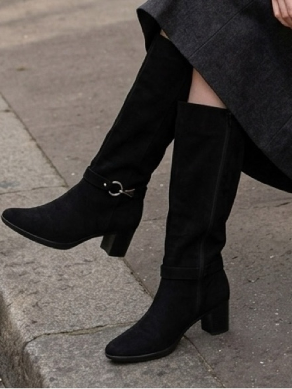 Pesaro Black Knee-High Suede Heeled Boots